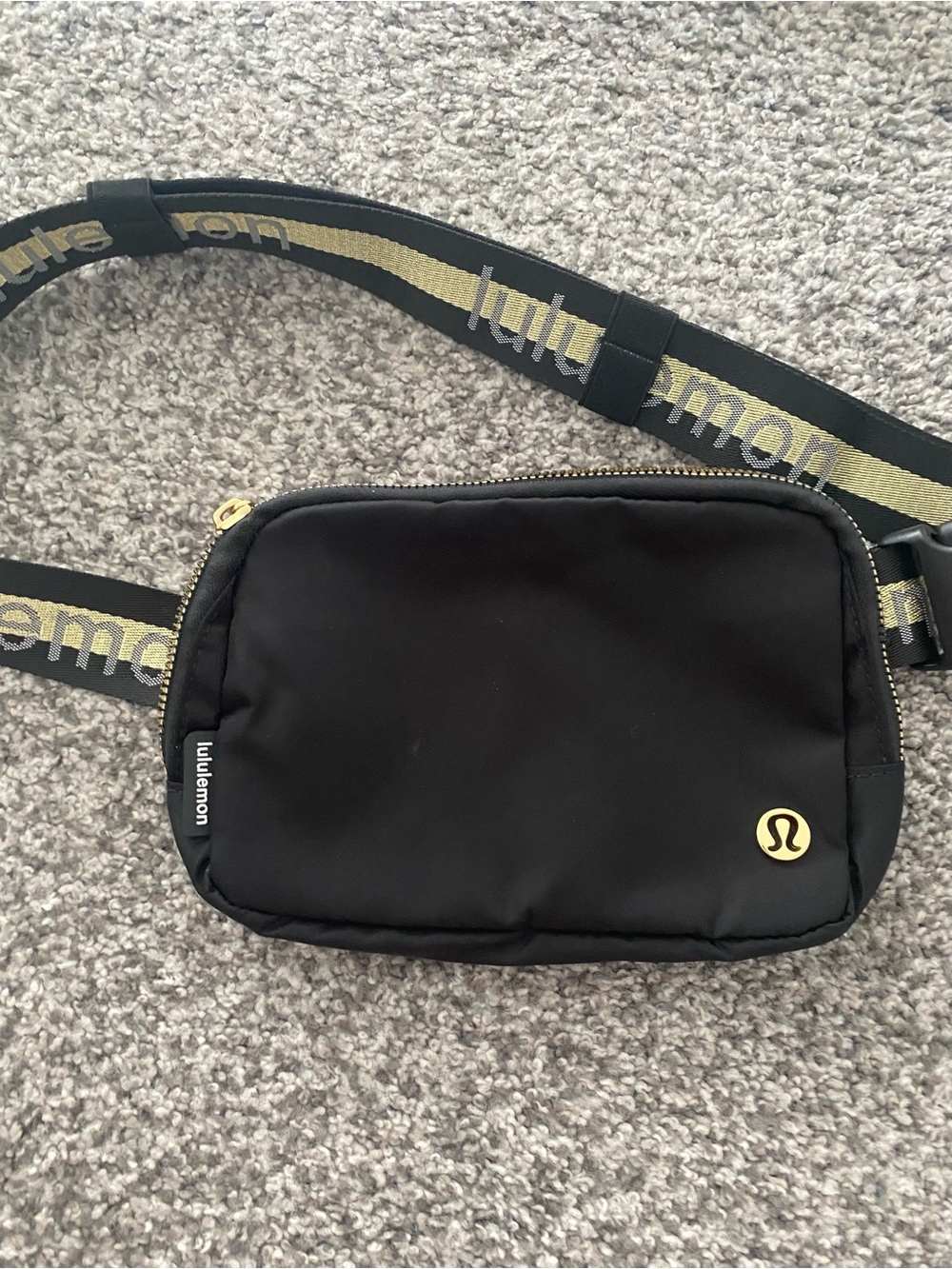 lululemon athletica Black Belt Bag/Crossbody with Gold Logo and Strap